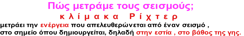 Πώς μετράμε τους σεισμούς;
κλίμακα Ρίχτερ 
μετράει την ενέργεια που απελευθερώνεται από έναν σεισμό , 
στο σημείο όπου δημιουργείται, δηλαδή στην εστία , στο βάθος της γης.

